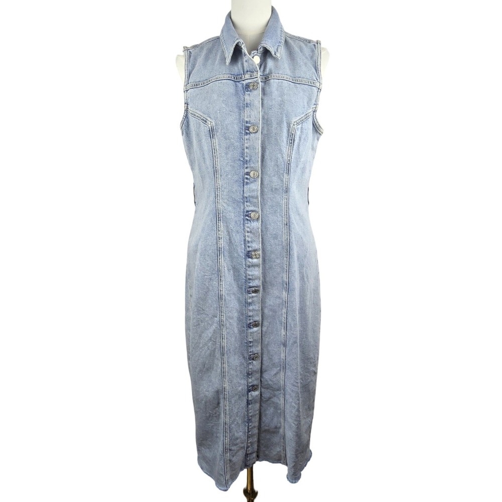 Rails Denim Midi Dress Women L Light Wash Sleeveless Button Front Raw Hem Cotton